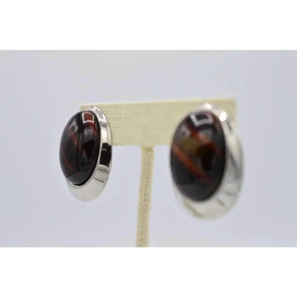 Vintage Oval Clip On Earrings Silver Lucite Tortoise Chunky NOS 1980s BinAA